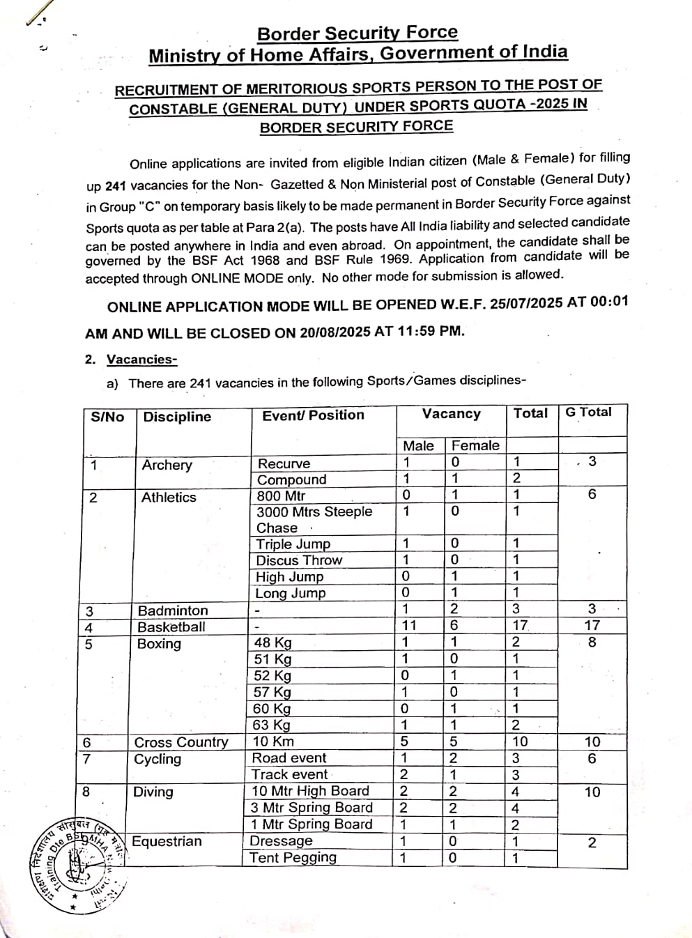 BSF Constable Sports Quota Recruitment 2025