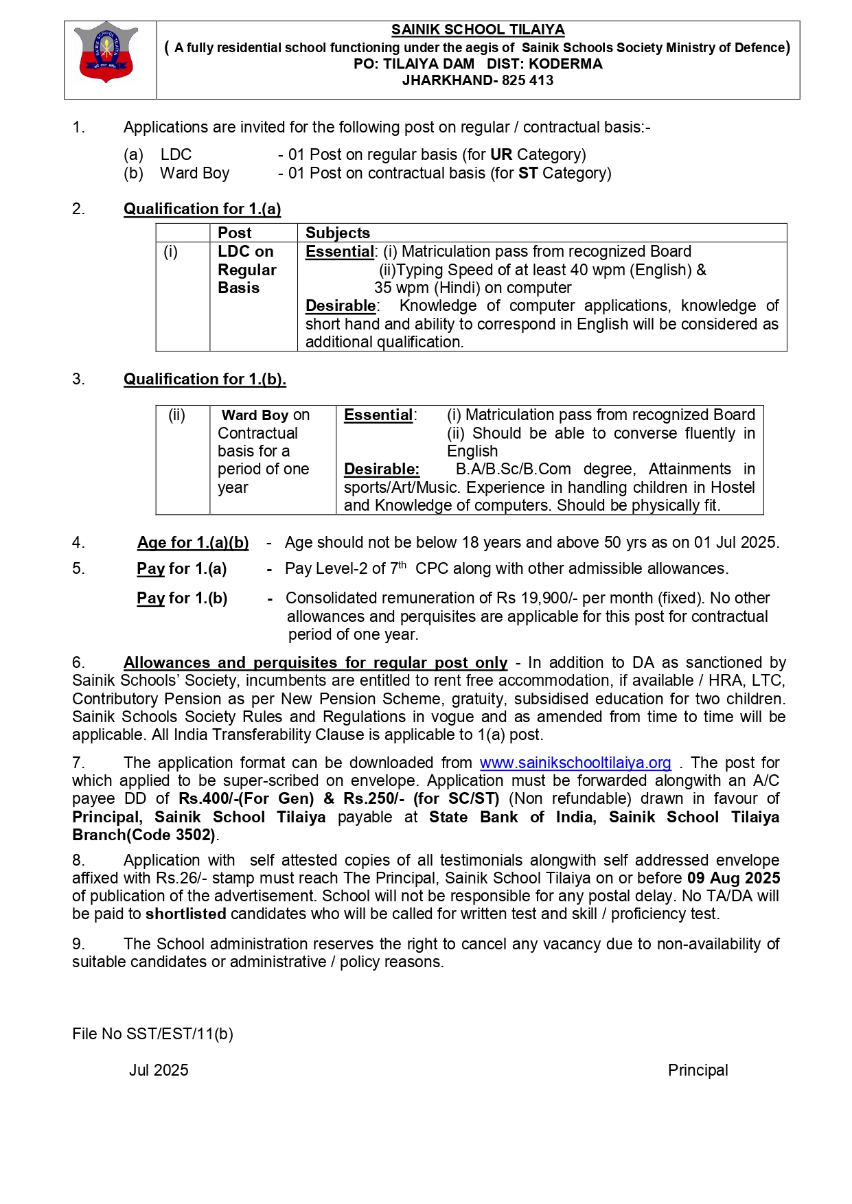 Sainik School Tilaiya Vacancy 2025